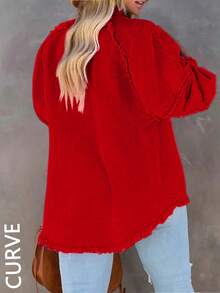 Áo khoác denim dáng rộng tay dài, cài khuy đơn, viền tua rua cỡ lớn dành cho nữ - Đỏ - Xem 6