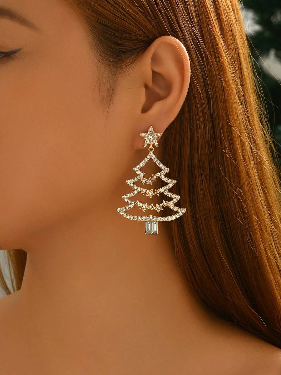 1 Pair Christmas Series Earrings, Fashionable & Unique Holiday Style Christmas Tree Rhinestone Dangle Earrings, Suitable For Holiday Parties