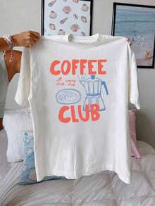 Blusa casual para mujer de moda con cuello redondo, manga corta y estampado de Coffee Club - Blanco - Ver 1