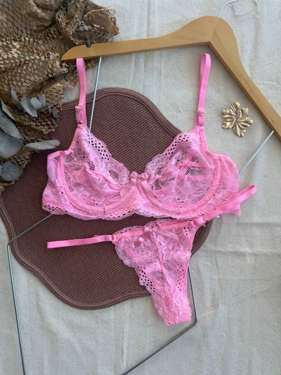 Sexy Lingerie Set Without Underwire With Luxury Lace And Exclusive Gold Heart Adjustment - 粉色 - 查看 1