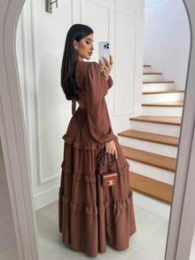 Women's Long Chiffon Dress With Long Sleeves, V-Neck, Ruffled Hem And Lining - Marrón - Ver 3