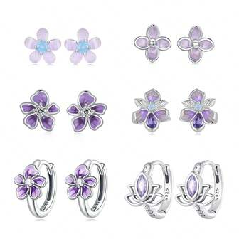 WOSTU 1 对 925 纯银耳钉日常可爱紫色花朵耳环莲花耳环时尚优雅珠宝女士礼物