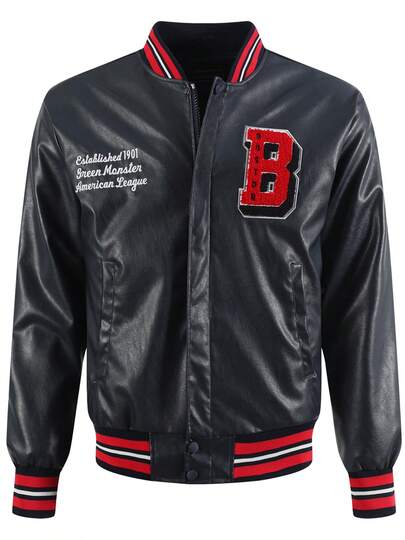 Men's Blue Baseball Jacket High End Embroidered Leather Fashionable Street Style Sportswear Casual Classic Retro Sportswear Patchwork PU Long Sleeved Hip-Hop Motorcycle Jacket , Fall/Winter