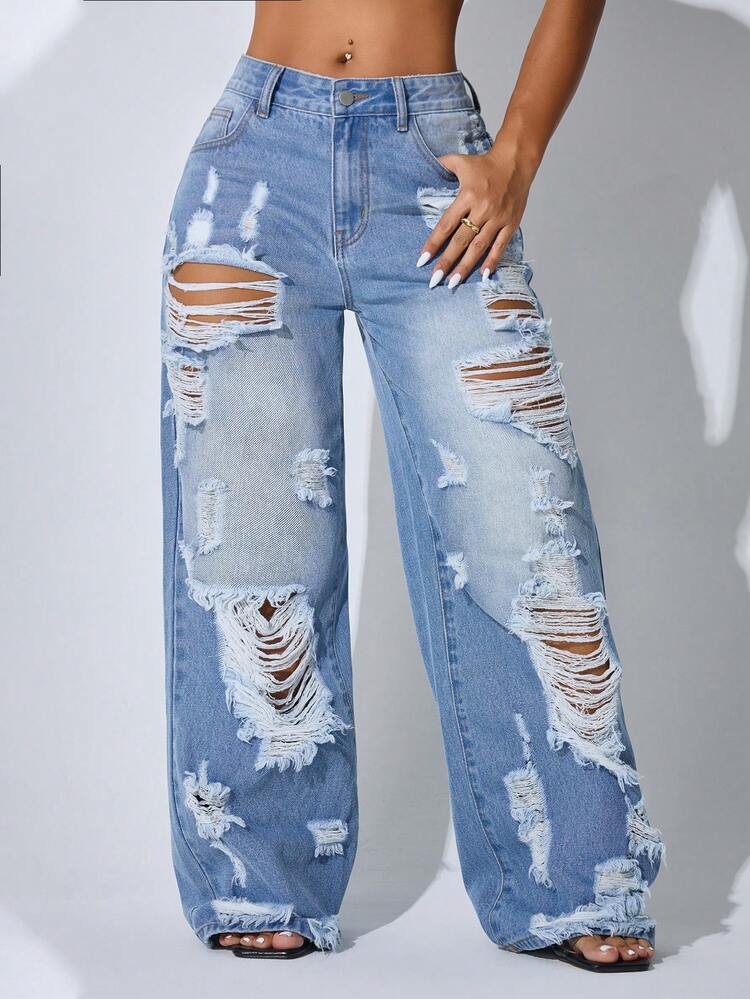 Calça Denim Feminina Casual de Cintura Baixa, Perna Larga, Azul Desgastada, Bolso Diagonal, Bainha Curva, Ideal para Férias de Verão e Primavera - Azul - Visão 4