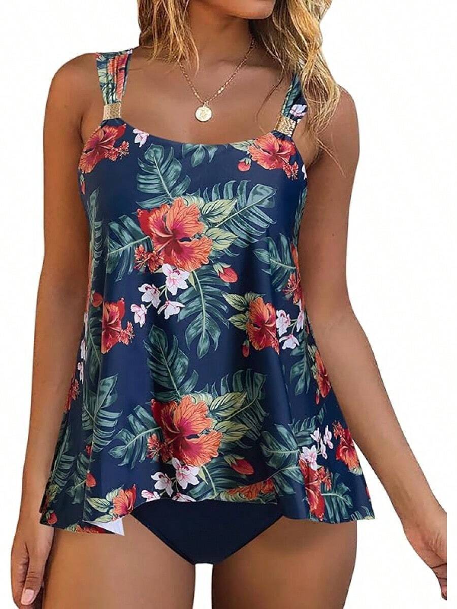 High Waisted Ruffle Tankini Swimsuit Plus Size Tummy Control - Navy Blue Floral - View 1