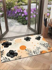 1pc Vintage Floral Pattern Doormat, Modern Minimalist Black White Orange Design Quick Drying Water Absorbent Outdoor Rug, Indoor Entrance Small Carpet, Outdoor Doormat, Bathroom, Laundry Room, Bathroom Entrance, Sink Front, Shower Room And Party Carpet, Bathroom Decor, Bathroom Mat, Bathroom Accessories, Machine Washable Shower Mat Doormat, Suitable For Living Room, Bedroom, Kitchen And Various Scenes At The Entrance, Party, Holiday, Gift, Dinner