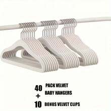 [防滑衣架] 40个装防滑婴儿衣架 + 10个天鹅绒夹 - 节省空间的天鹅绒毛毡衣架，适用于儿童和青少年的衣服、裤子、衬衫和连衣裙。耐用抛光塑料，弧形设计，婴儿衣架 - 彩色 - 查看 2