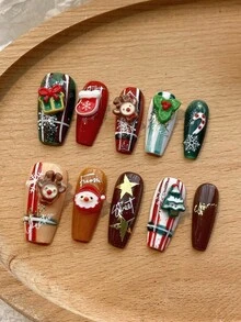 10 Pieces Of Acrylic Press On Nails, Red And Green Press On Coffin Shaped Fake Nails Long Nails DIY Christmas Nails, Snowflakes With Glitter Nails Charms, Red Nails Green Nails Are Suitable For Women For Weddings, Parties, Festivals, Holidays, Holidays, Holidays, Gift Nail Tools