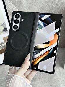 Funda de teléfono magnética de piel sintética con patrón de pliegues de lujo compatible con Samsung Galaxy ZFold 7 6 5 4 3, con carga inalámbrica y protección plegable - Negro - Ver 3