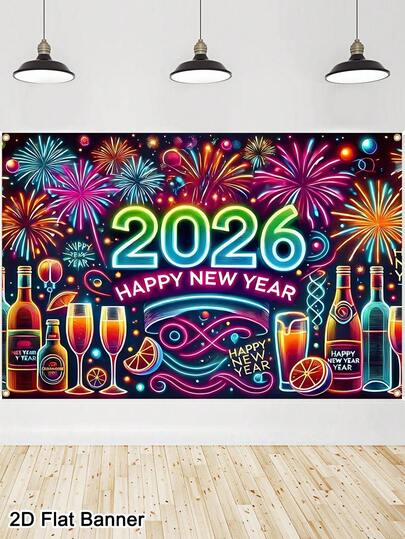 1pc 2026 Happy New Year Banner Backdrop, 150x100cm Colorful Fireworks Fluorescence Champagne Patterns, Polyester Fabric New Year Sign Poster Banner, New Year Photo Booth Background Party Decoration, New Year Party Supplies, Happy New Year 2026 Decorations