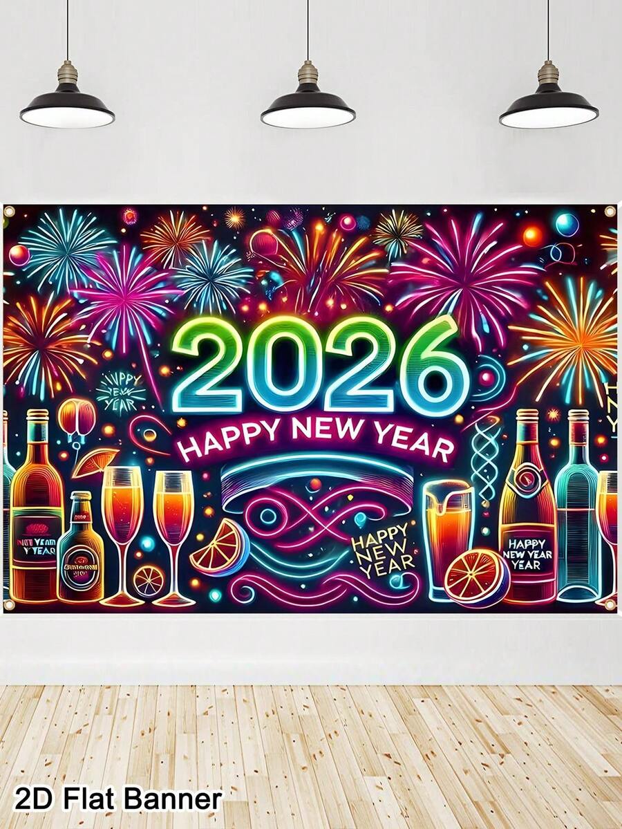 1 件 2026 新年快乐横幅背景，150x100 厘米彩色烟花荧光香槟图案，涤纶面料新年标志海报横幅，新年照片展台背景派对装饰，新年派对用品，2026 年新年快乐装饰 - 彩色 - 查看 1