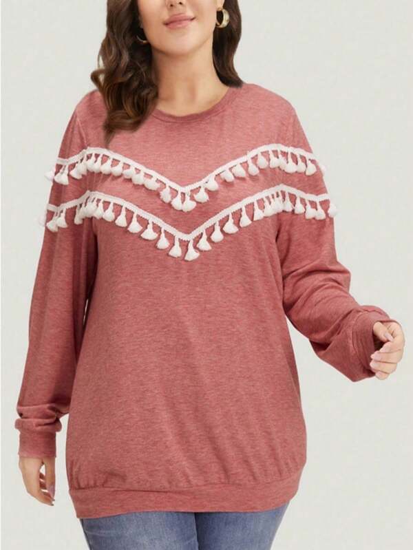 Blessings of Love Einfarbiger Crew-Neck Pullover mit Quasten-Saum in Große Größen, geeignet für Dates im Herbst