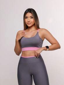 Premium Suplex Fitness Set With Pants And Non-Transparent Cup Top, Fitness Gym Clothing Kit, High Compression Leggings - 雙色灰色 - 查看 1