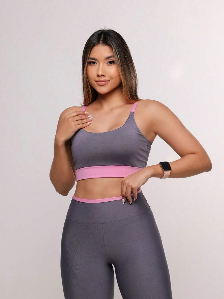 Premium Suplex Fitness Set With Pants And Non-Transparent Cup Top, Fitness Gym Clothing Kit, High Compression Leggings - 雙色灰色 - 查看 1