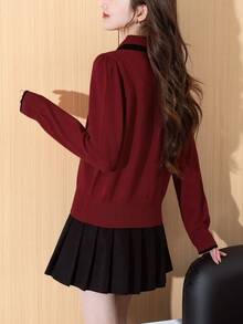 Women's Contrast Trim Crew Neck Sweater With Small Collar, Autumn/Winter - Dark Red - View 2