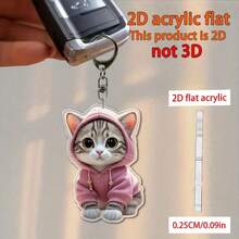 2D Flat, 1 Cute Pink Hoodie Kitten Keychain - Flat 2D Acrylic Keychain, Waterproof Bag Accessory, Women's Birthday Gift, Cat Enthusiast - Compact Wallet Accessory, Lively Design, Durable Buckle - 1pc - View 2