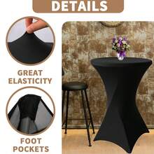 eluckya 4 Pcs Stretch Spandex Cocktail Tablecloth, Tall Round Tablecloth, Soft And Breathable, Wrinkle-Resistant And Easy To Care For, Suitable For Wedding Parties, Birthday Banquets, Birthdays, Festivals, Indoor And Outdoor Summer Picnics Halloween And Christmas Decorations - 黑色 - 查看 4