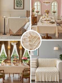 1pc Minimalist Beige Tablecloth, 3D Geometric Wavy Cutout Design With Beige Floral Lace Trim, Washable, Suitable For Dining Table, Dresser, Home Decor, Parties, Holidays, Hotels, Indoor & Outdoor Use, Autumn/Winter