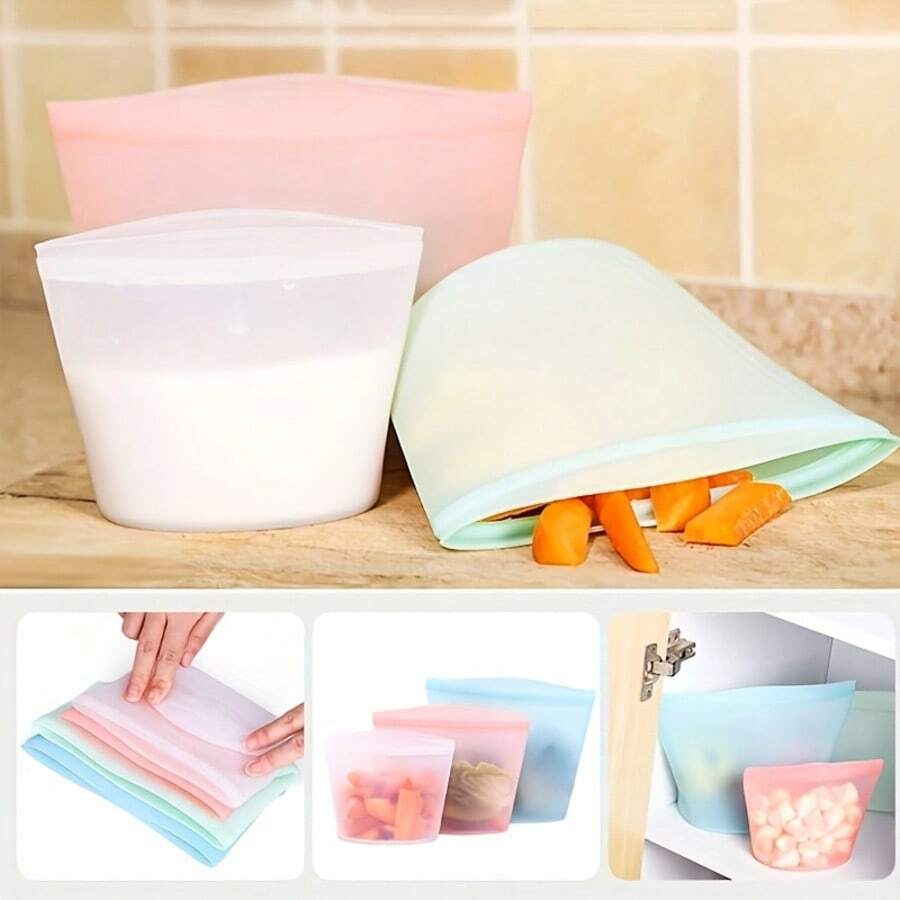 3pcs Reusable Silicone Food Storage Bags - Leak-Proof Airtight Containers For The Refrigerator And Freezer | 500ml, 1000ml, 1500ml | Perfect For Snacks, Fruits, And Vegetables. Multi-Purpose Sealed Silicone Food Storage Bags For Fruits And Vegetables In The Kitchen (White, Blue, And Pink)