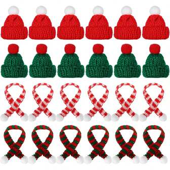 8/12/24/48/96 Pcs Mini Knit Hat Mini Christmas Scarf Set Tiny Santa Hats For Crafts Small Christmas Tree Ornaments Decorations For DIY Craft Art Snowman Doll (Red)