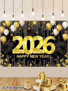 120x80cm 2026 新年快乐背景，闪光黑金气球设计，涤纶面料新年标志海报横幅，新年照片展台背景派对装饰，新年派对用品，2026 新年装饰 - 彩色 - 查看 3