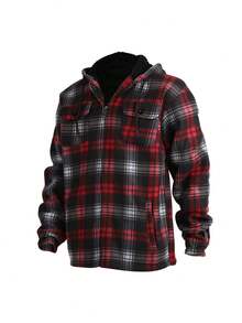 Men's Winter Jacket, Hoodie,Heavy Thick Flannel Plaid Jacket Sherpa Fleece Lined Hoodies For Men Zip Up Winter Warm Coat Buffalo Zipper Sweatshirt - 紅黑格 - 查看 3