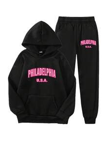Conjunto casual de 2 piezas para mujeres, sudadera con capucha de manga larga con estampado de letras y pantalones a juego, 100% poliéster, tejido de punto para primavera/otoño, corte holgado con bolsillos, Diseño de Filadelfia, EE. UU. - Negro - Ver 1