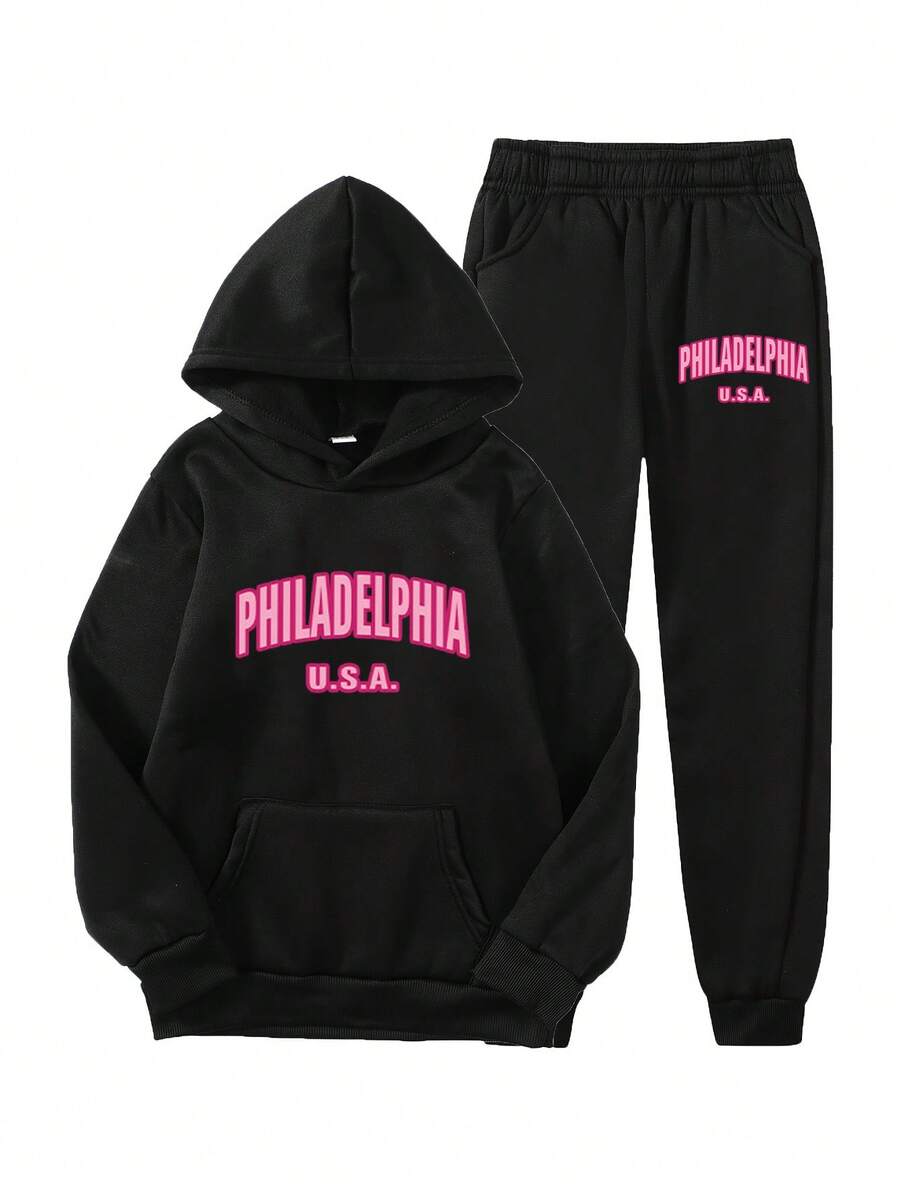Conjunto casual de 2 piezas para mujeres, sudadera con capucha de manga larga con estampado de letras y pantalones a juego, 100% poliéster, tejido de punto para primavera/otoño, corte holgado con bolsillos, Diseño de Filadelfia, EE. UU. - Negro - Ver 1