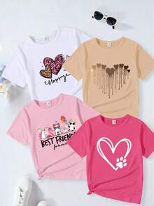 Set de 4 camisetas de cuello redondo cómodas, versátiles y casuales con gráficos de corazones y animales lindos para niñas, adecuadas para el verano - Multicolor - Ver 1