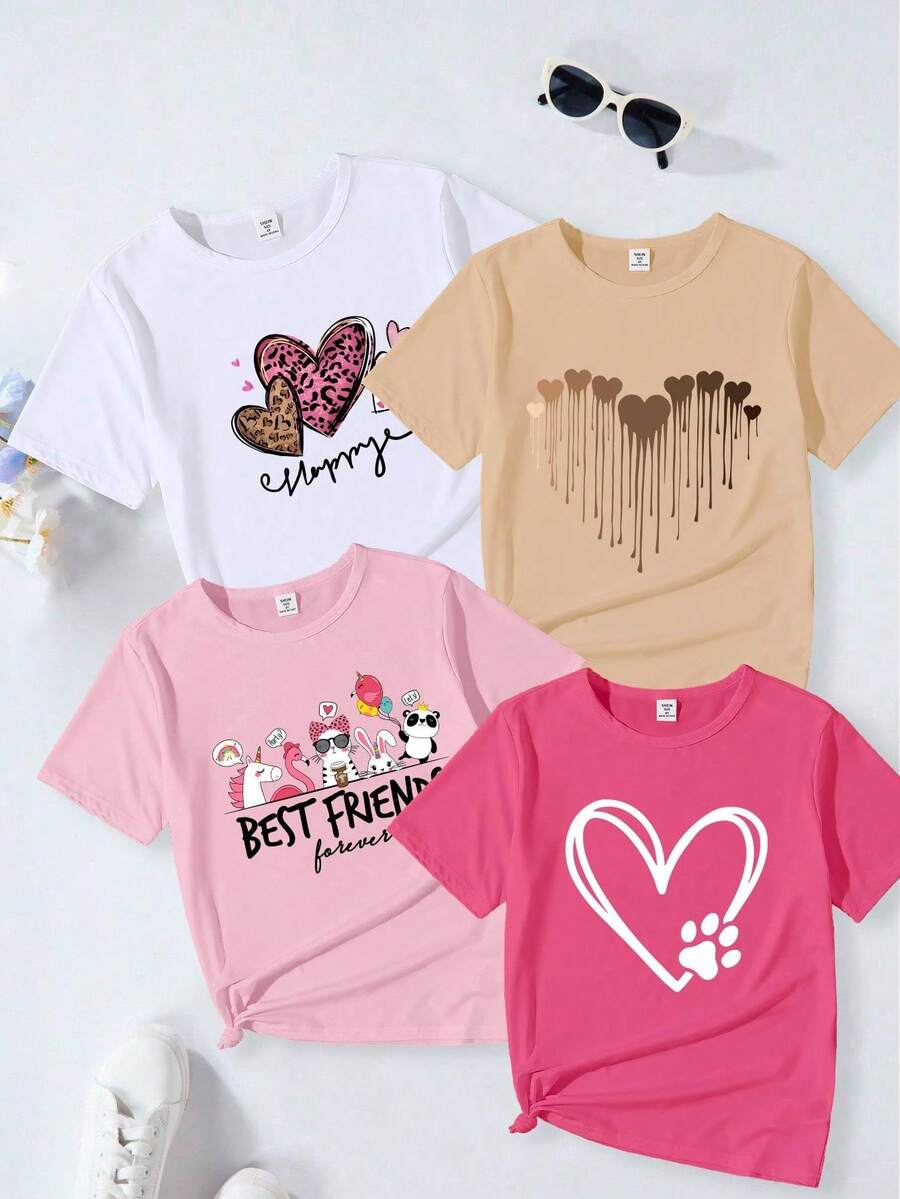 Set de 4 camisetas de cuello redondo cómodas, versátiles y casuales con gráficos de corazones y animales lindos para niñas, adecuadas para el verano - Multicolor - Ver 1