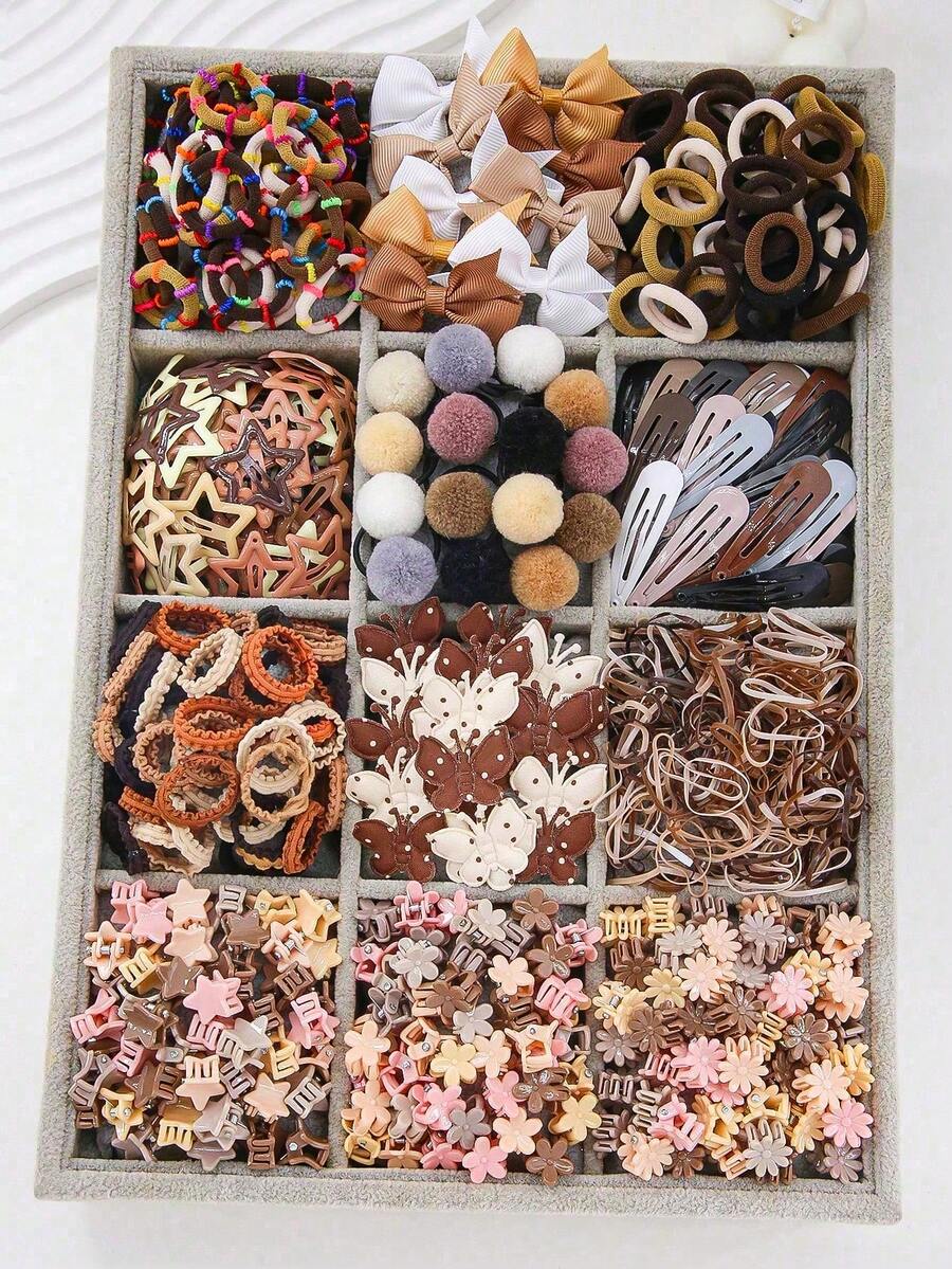 538pcs/Set Cute Girl's Bowknot Hair Clips, Elastic Hair Ties, Alligator Hair Clips, Water Drop Clips, BB Clips, Small Claws, Suitable For Daily Use - Multicolor - View 1