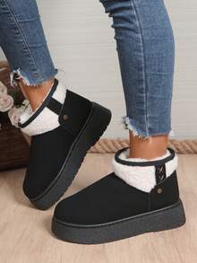 1 Pair Plus Size 36-42 Solid Color Textured Pattern Punk Boho Cute Faux Fur Lining Fluffy Fur Trim Faux Fur Patchwork Thick Sole Snow Boots, Suitable For Home, Vacation, Outdoor In Winter