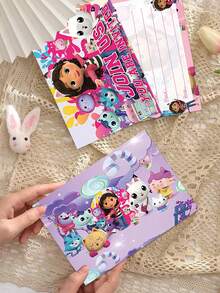 Gabby's Dollhouse Thème de la maison de poupée de Gabby - Nouvelle carte d'invitation de fête de dessin animé, enveloppe, autocollants. Diverses cartes d'invitation de fête colorées imprimées de dessins animés, convenant pour offrir des cadeaux à des amis et à la famille pendant la rentrée scolaire, Halloween, Thanksgiving, Noël et les fêtes.