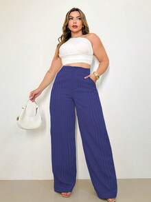 A&DD MODA, REF: H932(PLUS SIZE) - Plus Size Women's Striped Pants, Stylish Plus Size, High Waist, Wide Leg, Elegant, Casual, Formal, Lightweight, Modern, Comfortable, Women's Pants, Lightweight Fabric, Striped Print, Simple Look, Versatile, High Quality ✨ - 藏蓝色 - 查看 5