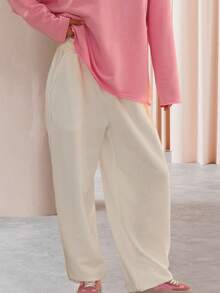 Women Solid Baggy Sweatpants Casual Elastic Waist Wide Leg Sports Pants With Pockets Loose Trousers - 白色 - 查看 5