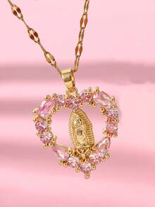 1pc Virgin Mary Heart Pendant Necklace,Retro Hollow Out New Design , Inlaid With Pink Zirconia, For Women Female Wedding Catholic Jewelry, Valentine's Day Blessing Gift - Pink - View 2