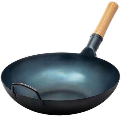 TIROTO 1pc Cast Iron Wok With Wooden Handle - Non-Stick, Non-Coated, Multi-Purpose Kitchen Pan For Gas Stovetop & Induction Cooking, Deep Blue Finish, Ideal For Frying, And Outdoor Cooking.