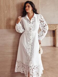 Simplee Plus Size Women's Elegant Lace Patchwork Front Button Long Dress, Suitable For Party And Vacation Wear, Spring/Summer - White - View 3