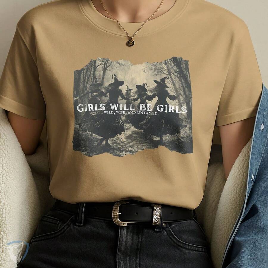 Girls Will Be Girls Printed Women's T-Shirt | Witches In The Forest Art - 米色 - 查看 1