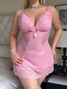 1pc Plus Size Sexy Deep V Lace Mesh Nightgown + 1pc Panty Set