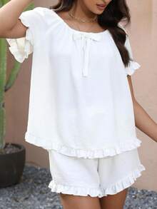 Women's Summer Lounge Set Short Sleeve Scoop Neck Ruffle Trim Tops Shorts Sleepwear - Ivory - View 3