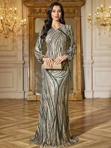 Abito da festa elegante con maniche lunghe, decorato con paillettes, stampa zebrata in verde champagne, per donne, con cintura e sciarpa rimovibili, adatto per eventi arabi