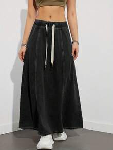 American Style Elastic Waist Loose Black Denim Skirt, Casual Mid-Length Denim Skirt, Fashionable Spring/Summer - Black - View 6