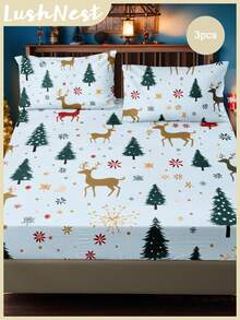 3pcs Polyester Digital Printing Christmas-Themed Bed Sheet Three Pieces Set With Blue Base, Christmas Tree & Cute Reindeer Patterns (1 Fitted Sheet + 2 Pillowcases, No Filling Included), Perfect For Room Decoration, Christmas Home Decor, And A Lovely Christmas Gift,Christmas Bedding