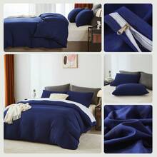 2PCS/3PCS Minimalist Style Duvet Cover Set(1 Duvet Cover+ 1/2 Pillowshams), No A Comforter,No Quilt, No Filling, Machine Washable Durable Summer Bedding Set, 100% Polyester And Lightweight Bedspread Set, Breathable, All-Season, Wonderful Room Decor, Holiday Gift - 深藍色 - 查看 2
