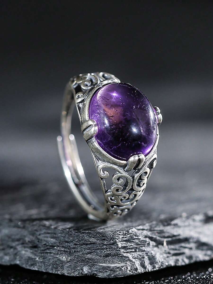 1pc 10*12mm Natural Amethyst Ring 925 Sterling Silver Vintage Gorgerous Gems Men Women's Ring Adjustable Open Bands Jewelry Birthstone Gift
