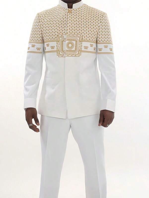 2 pièces Ensemble chemise et pantalon Dashiki - Style élégant et chic, imprimé blocs de couleurs et chemise à manches longues avec col montant, pantalon à taille élastique, ensemble 2 pièces confortable et inspiré de l'Afrique pour le port casual, les fêtes, les mariages et les événements culturels