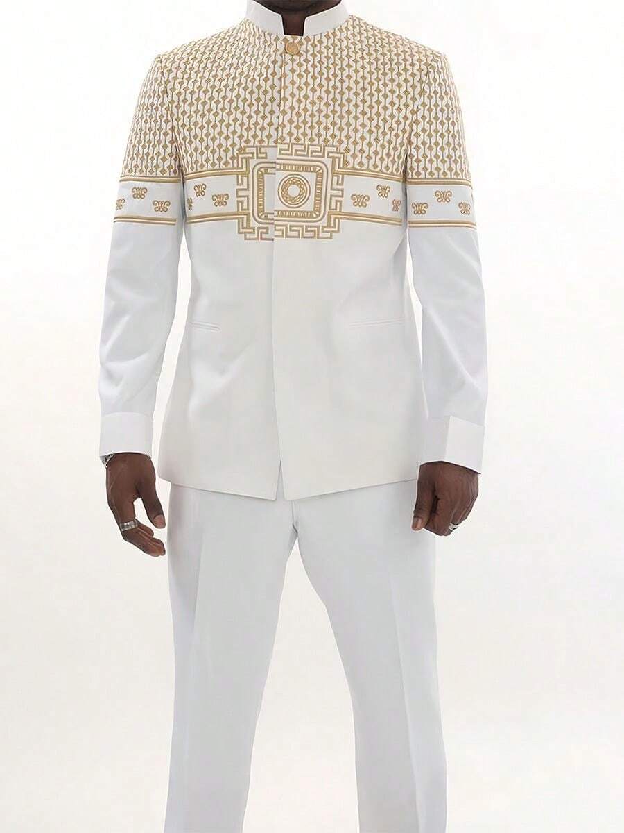 2 pièces Ensemble chemise et pantalon Dashiki - Style élégant et chic, imprimé blocs de couleurs et chemise à manches longues avec col montant, pantalon à taille élastique, ensemble 2 pièces confortable et inspiré de l'Afrique pour le port casual, les fêtes, les mariages et les événements culturels