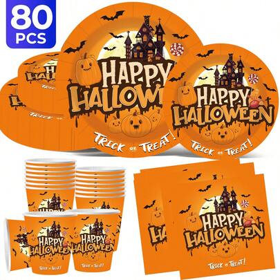 2025 Halloween Party Theme Disposable Tableware Set, Disposable Party Plate, Including 20 Person Set/10 Person Set, 7-Inch+9-Inch+Theme Paper Cup+Napkins, New Halloween Party Products! Birthday Party, Birthday Plates, Restaurant Decoration, Kitchen, Kitchen, Pumpkin, Witch, Bat, Spider, Skeleton, Ghost, Tombstone, Decorative Pendant., Family Dinner Supplies, Christmas Party Supplies