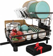 Lavavajillas de Acero Inoxidable de 2 Niveles para Encimeras de Cocina con Drenaje, Lavavajillas con Soporte para Tazas, Cubiertos, Tabla de Cortar y Alfombrilla de Secado - Negro-2 Niveles - Ver 1